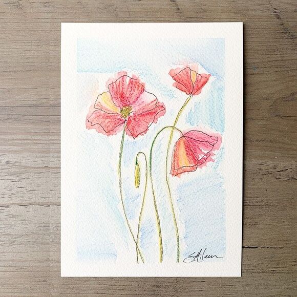 Watercolor Painting Expressive Floral Poppies Blue Sky Impressionist Signed 5x7 - Picture 2 of 2